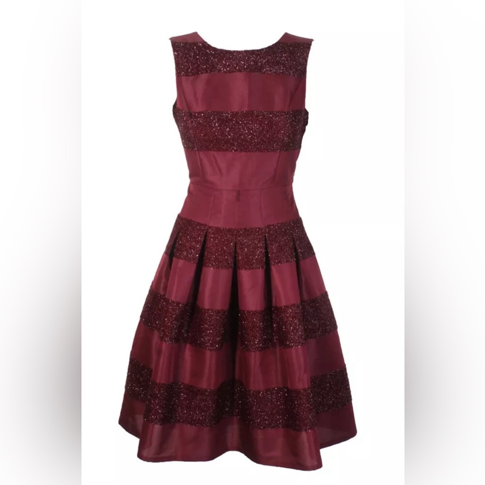 Tommy Hilfiger Burgundy Striped Mixed Media Sleeveless Boat Neck Flare Dress